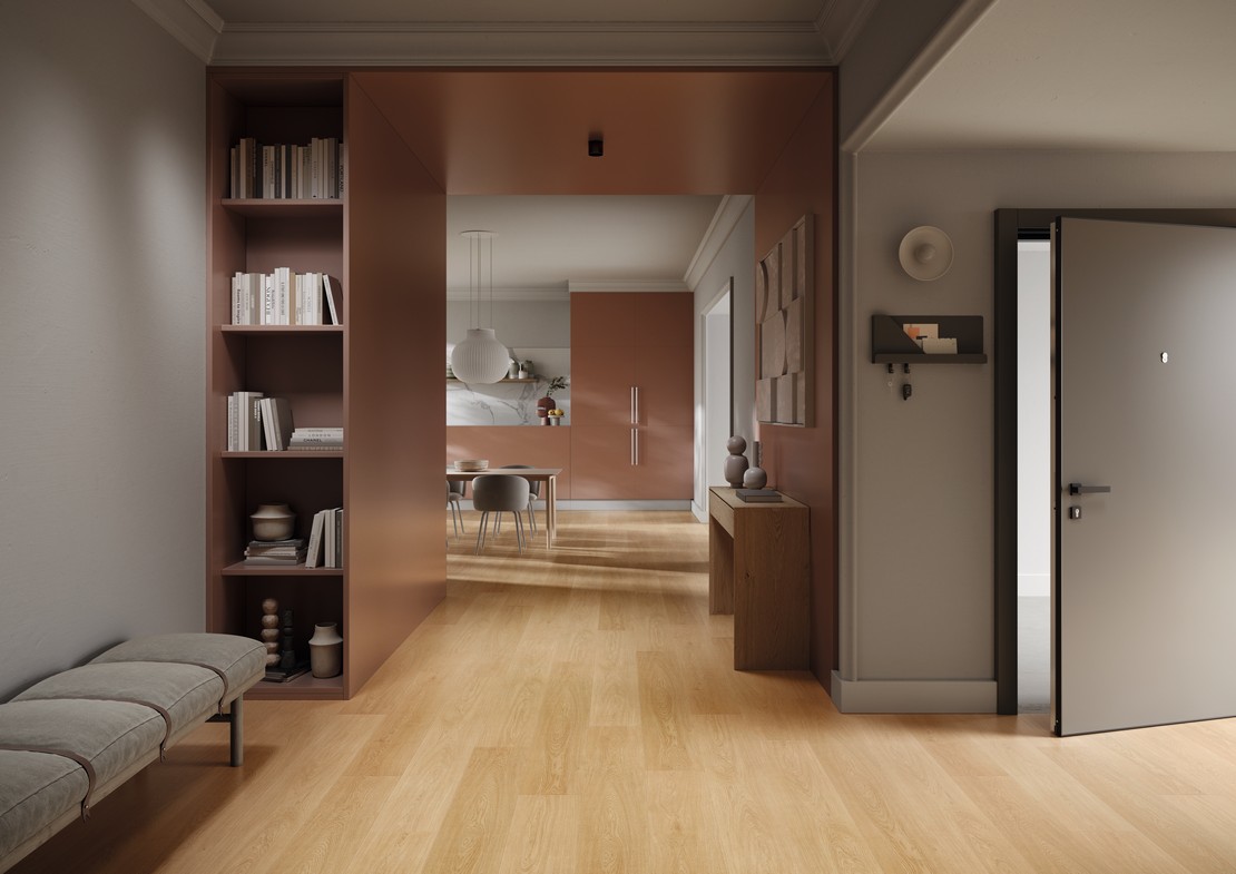 Soggiorno moderno con ingresso dai toni rosa con pavimento effetto legno chiaro - Ambienti Iperceramica