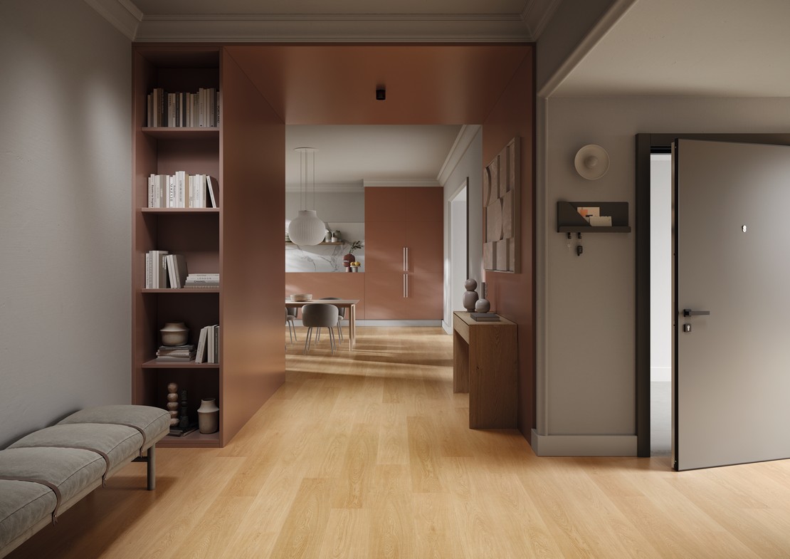 Modernes Wohnzimmer mit Eingang in Rose-Farbtönen mit Boden Holzoptik hell - Inspirationen Iperceramica