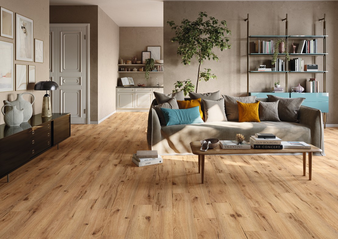 Séjour vintage moderne avec cuisine et sol pvc effet bois rustique marron - Inspirations Iperceramica