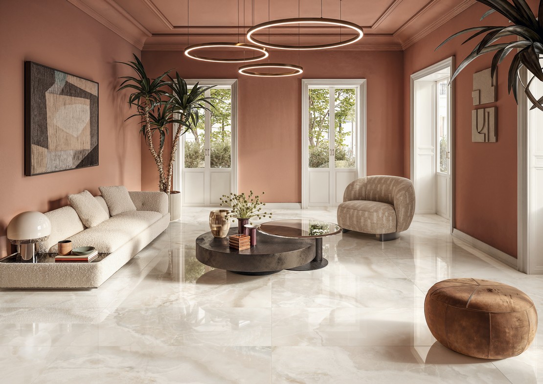 Elegant and luxurious white marble-effect living room