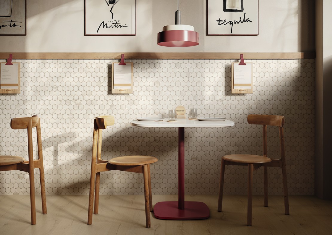 Vintage bar-restaurant with white mosaic