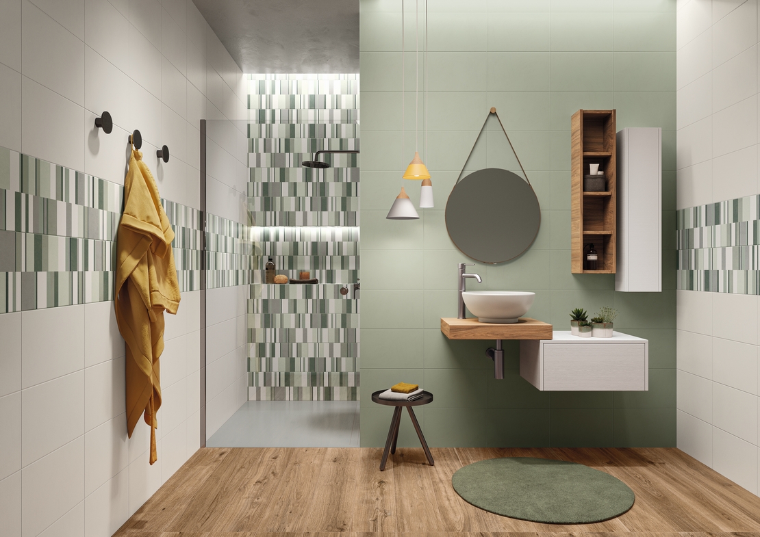 Salle de bains moderne colorée avec douche. Mur vert, motif géométrique et bois rustique. - Inspirations Iperceramica