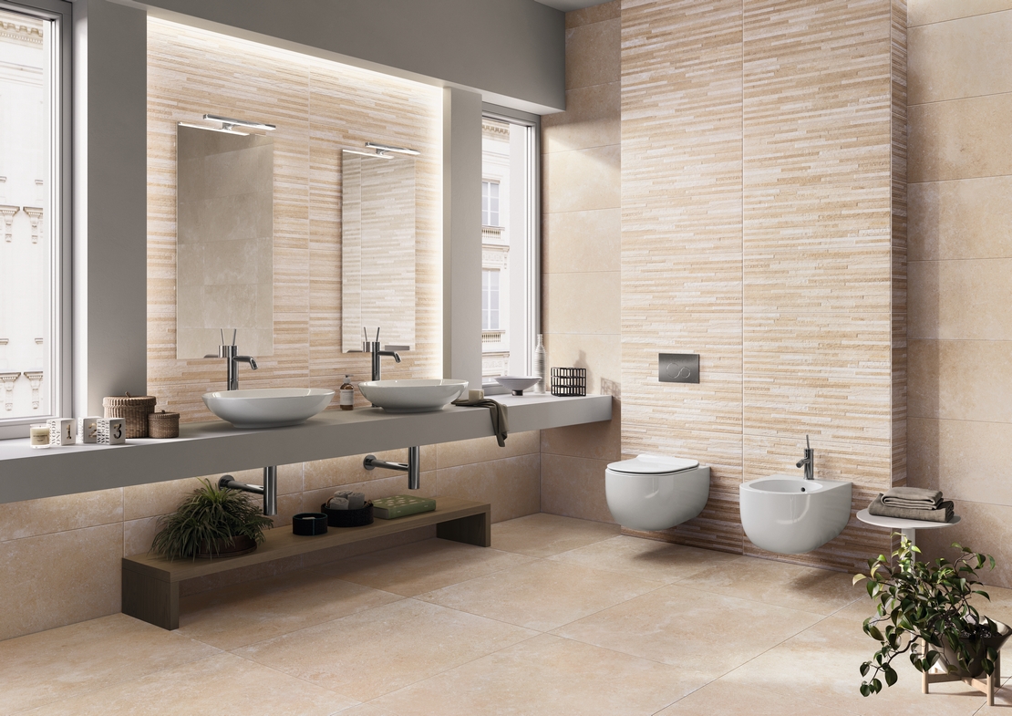 Bagno moderno beige, classico effetto pietra per un bagno di lusso - Ambienti Iperceramica