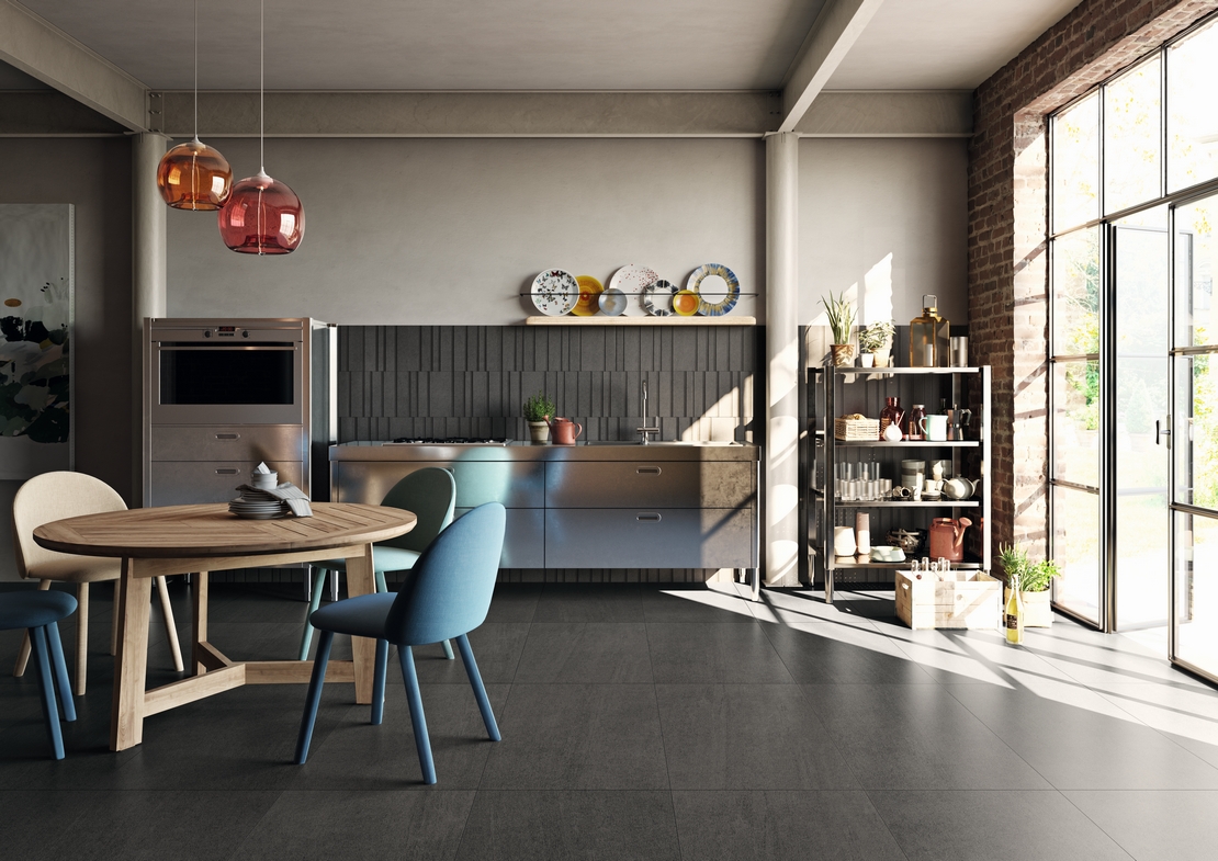 Petite cuisine minimaliste linéaire : effet béton et tons de noir pour un style moderne. - Inspirations Iperceramica