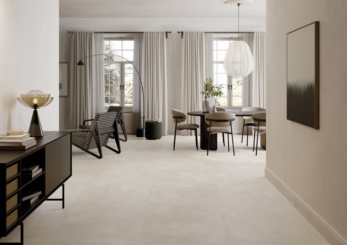 Modernes luxurös-Wohnzimmer mit beigem Betonoptik am Boden  - Inspirationen Iperceramica