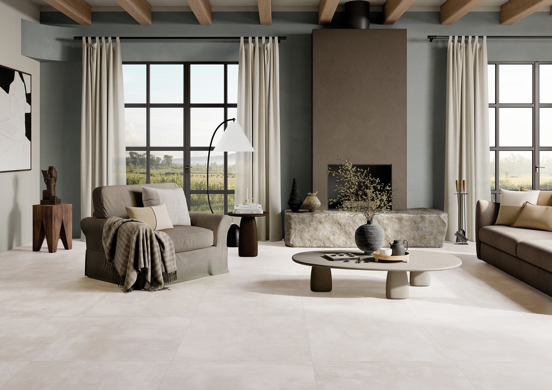 Séjour moderne de luxe avec sol imitation béton blanc - Inspirations Iperceramica