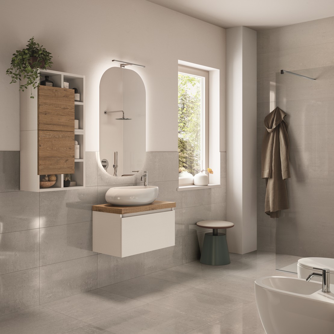 Salle de bains moderne minimaliste avec sol effet béton gris - Inspirations Iperceramica