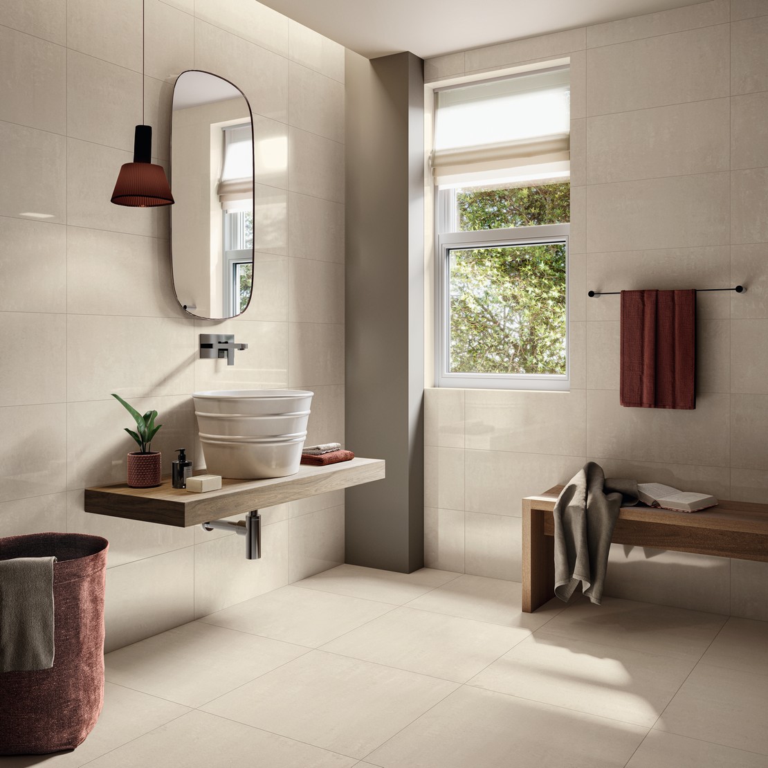 Salle de bains moderne minimaliste avec sol effet béton beige - Inspirations Iperceramica