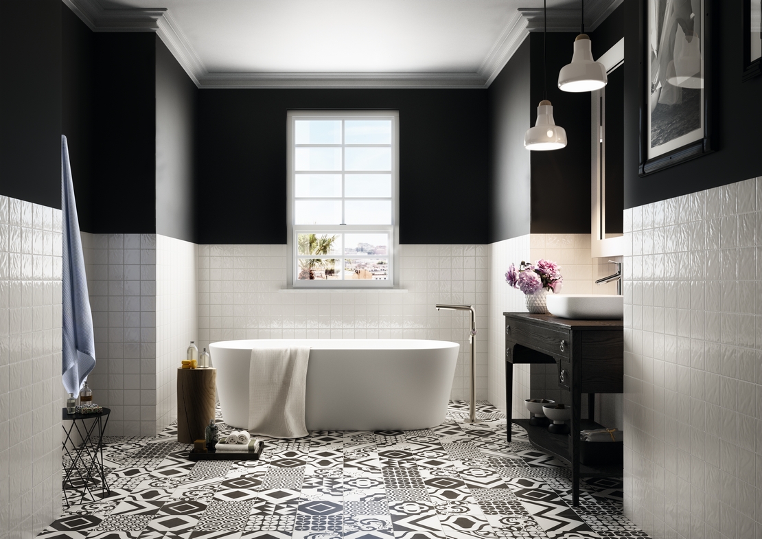 Vintage-Badezimmer mit Badewanne. Schwarz-weiße Zementfliesen für einen modernen Touch - Inspirationen Iperceramica