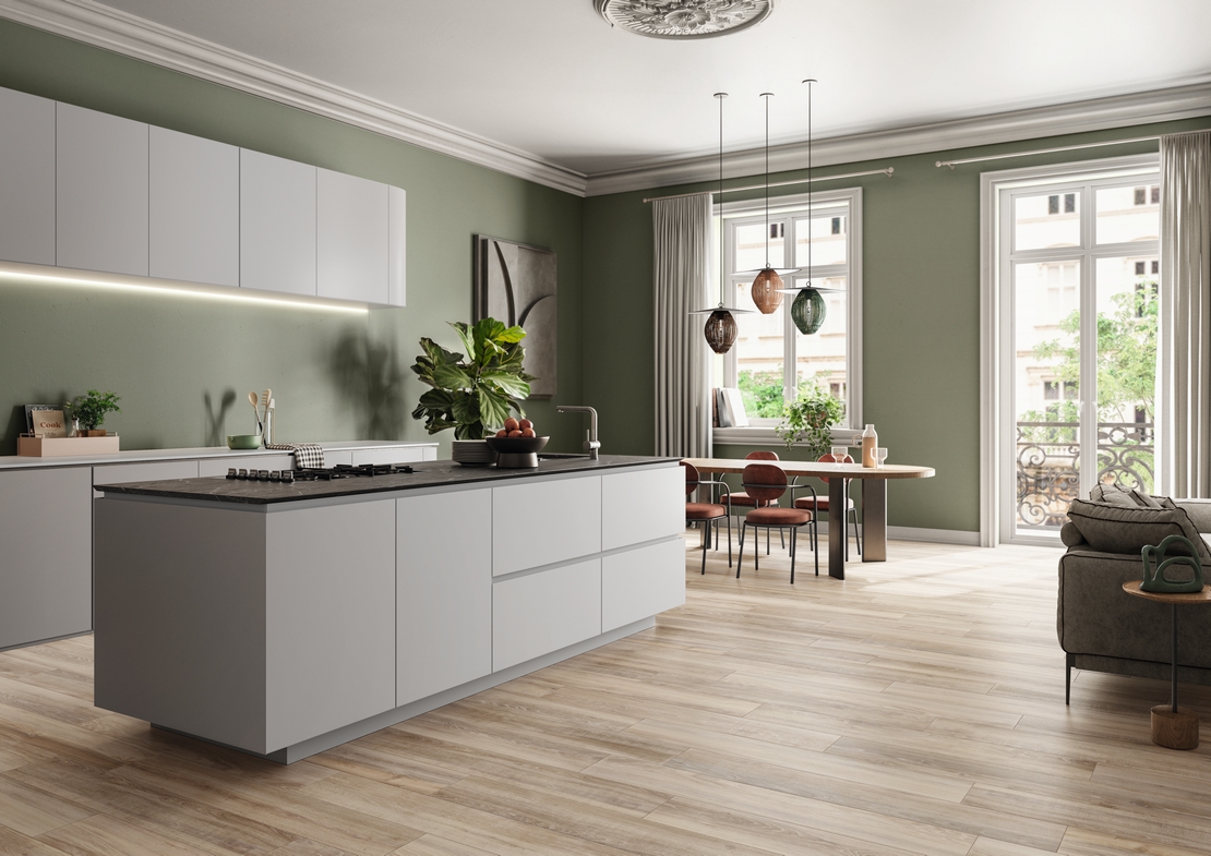 Cuisine moderne minimaliste avec îlot central ouverte sur le séjour : imitation bois et tons de gris et de beige. - Inspirations Iperceramica