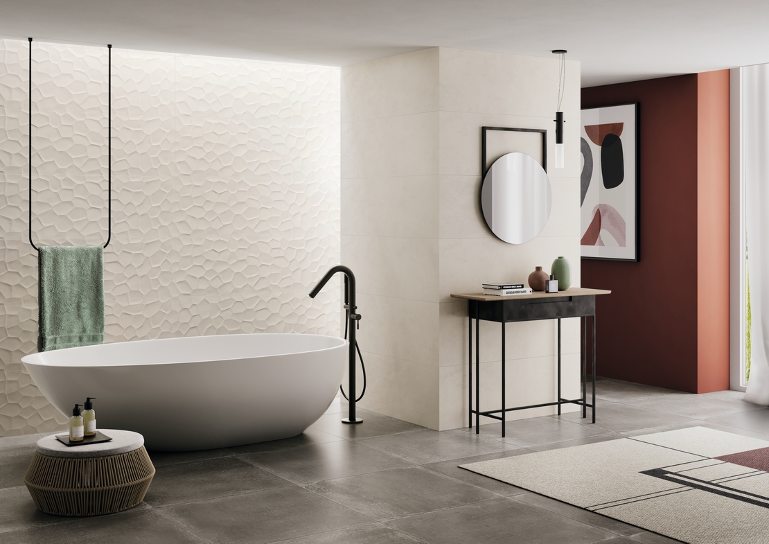 Salle de bains moderne avec douche. Carrelage mural de luxe 3D blanc et effet béton gris. - Inspirations Iperceramica