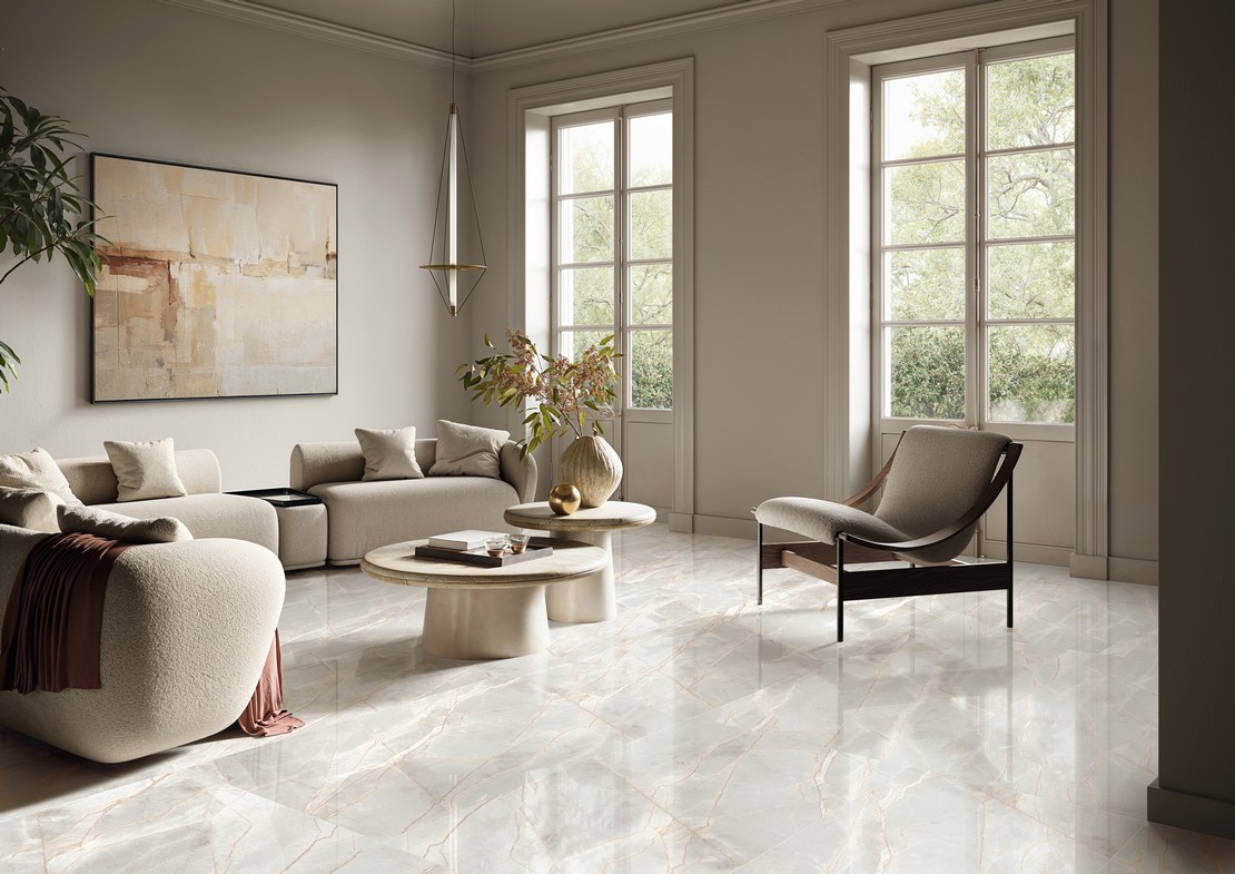 Elegantes luxuriöses Wohnzimmer Marmoroptik Weiß - Inspirationen Iperceramica