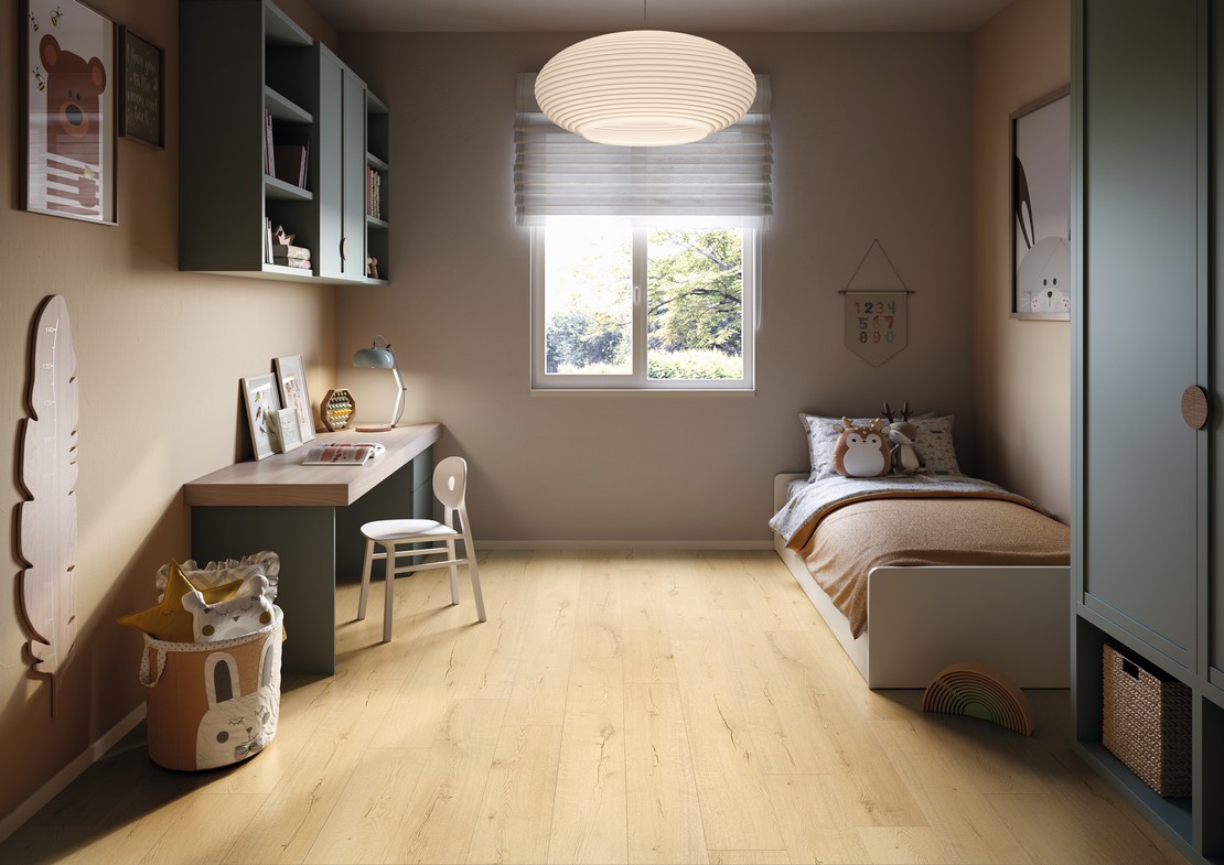 Modern and colorful bedroom with beige wood-effect flooring.