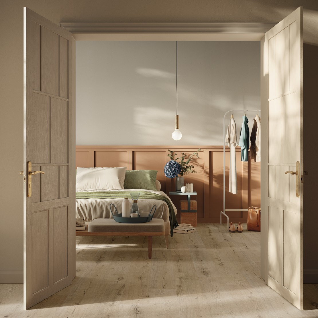 Camera da letto vintage ed elegante con pavimento effetto legno beige - Ambienti Iperceramica