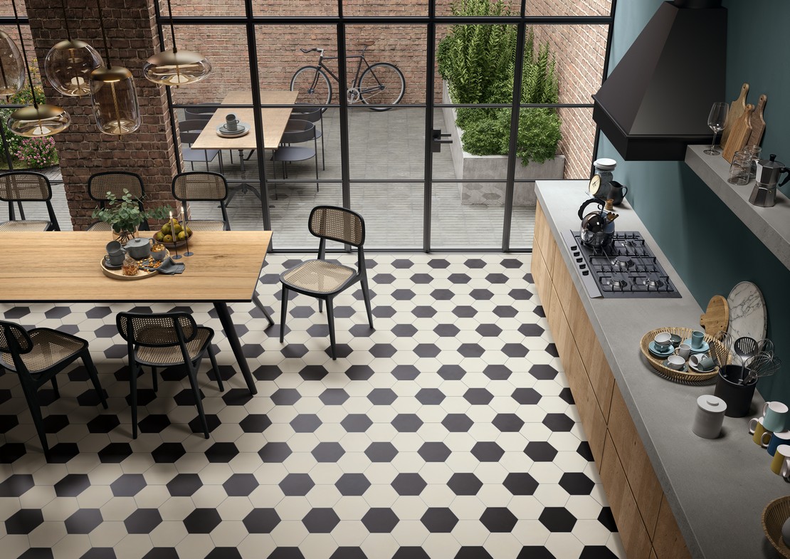 Modern rustic-style linear kitchen with black and white tiles