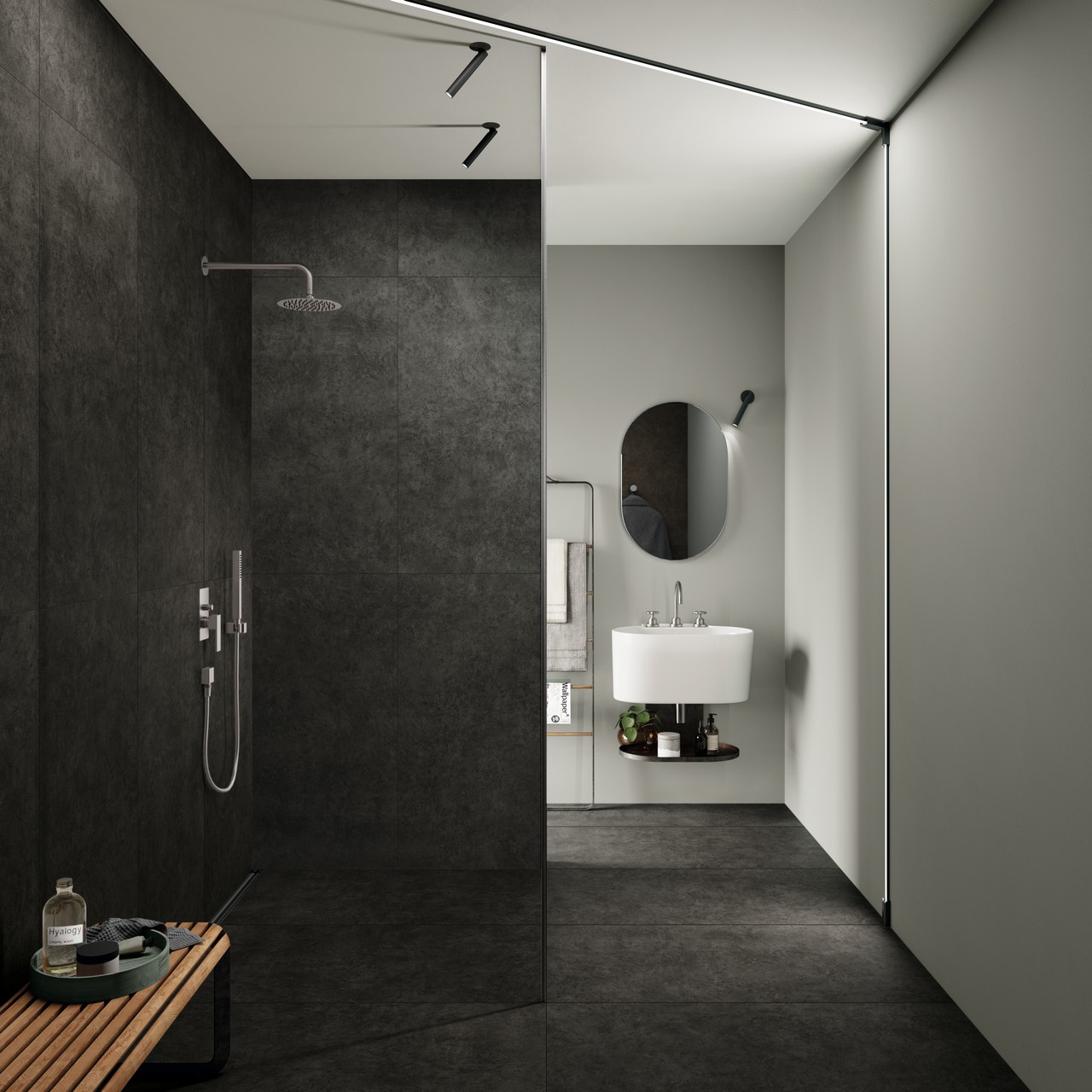 Petite salle de bains dans des tons de noir et de gris, grès cérame effet béton pour une touche industrielle. - Inspirations Iperceramica