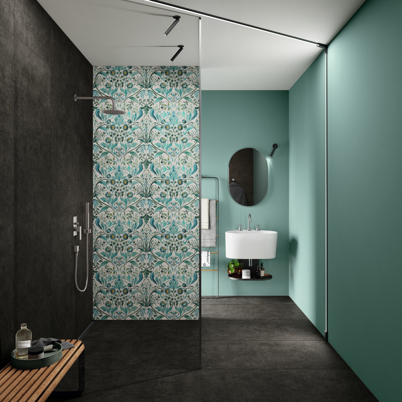 Petite salle de bains dans des tons de vert et de noir, grès cérame effet béton pour une touche industrielle. - Inspirations Iperceramica