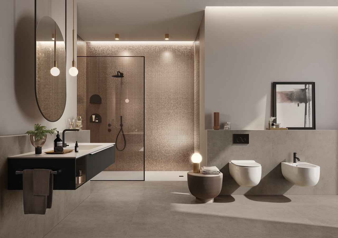 Luxuriöses, modernes Badezimmer, Zementoptik-Feinsteinzeug in beigen Tönen für einen luxuriösen Hauch - Inspirationen Iperceramica