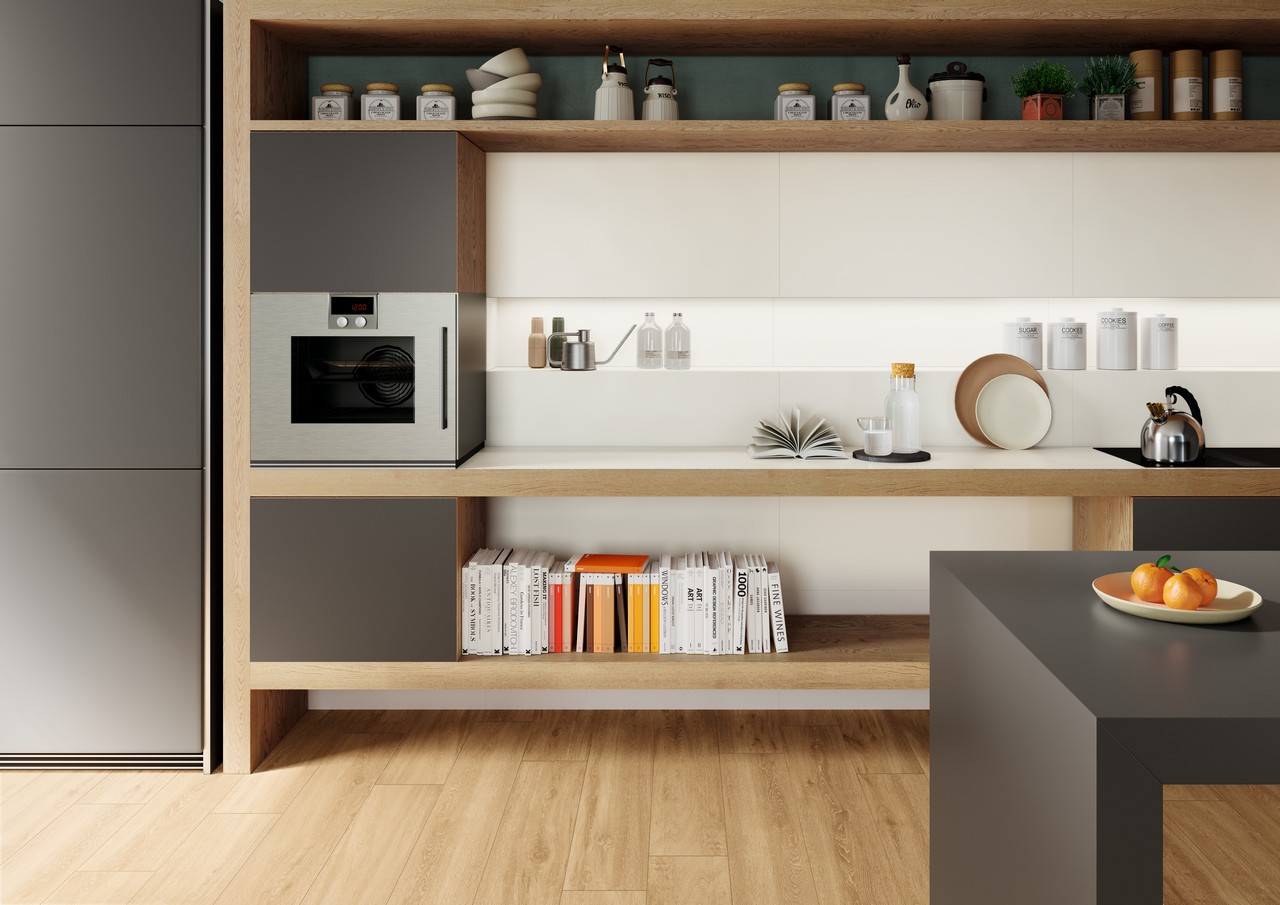 Cucina di lusso con gres effetto legno sui toni del beige e bianco minimale - Ambienti Iperceramica