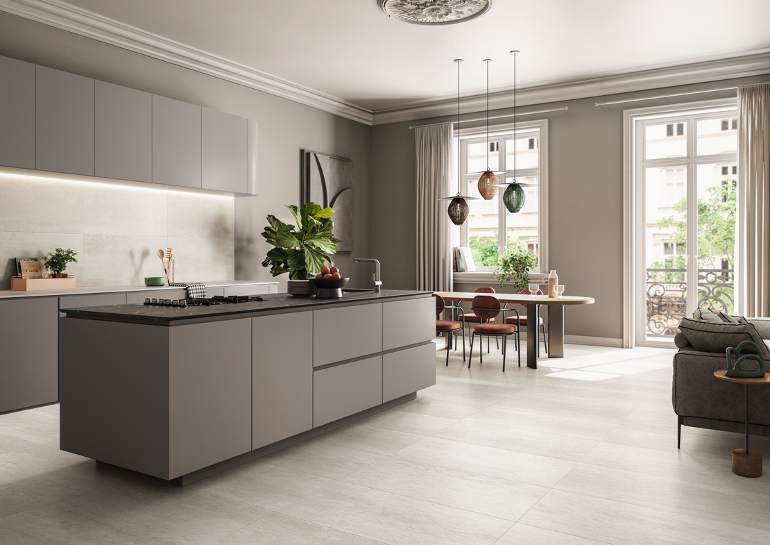 Cuisine élégante. Tons de gris et imitation pierre pour un style moderne. - Inspirations Iperceramica