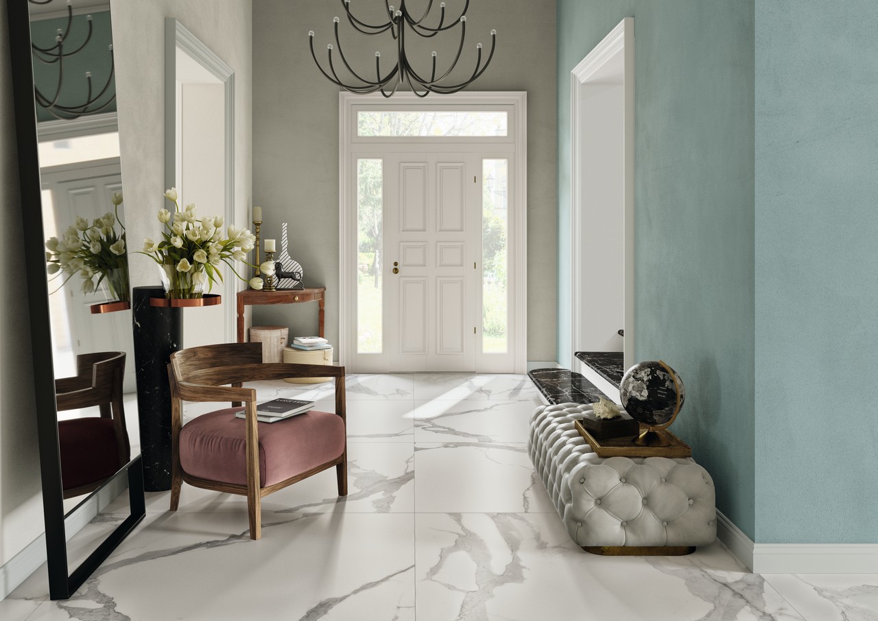 Séjour classique avec sol imitation marbre et mur dans les tons de gris et bleu ciel. - Inspirations Iperceramica