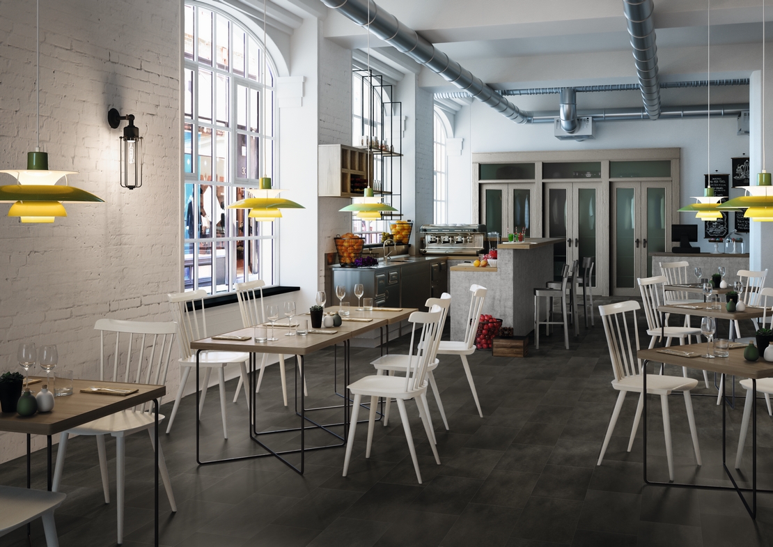 Terrasse de bar-restaurant moderne avec sol en pvc renforcé effet béton noir. - Inspirations Iperceramica