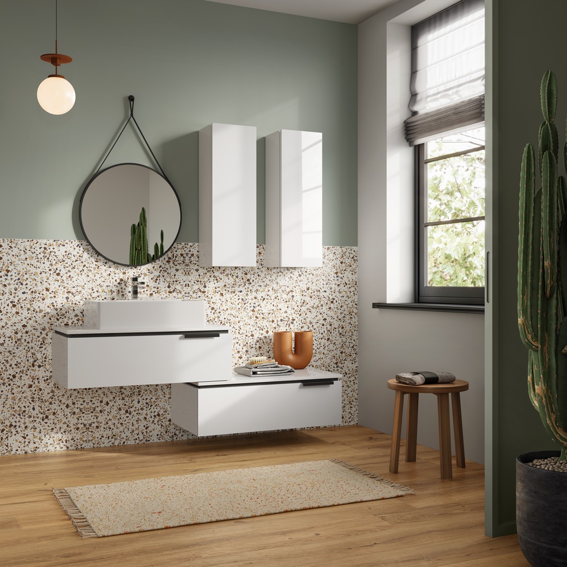 Salle de bains vintage avec sol effet bois et carrelage mural effet terrazzo - Inspirations Iperceramica