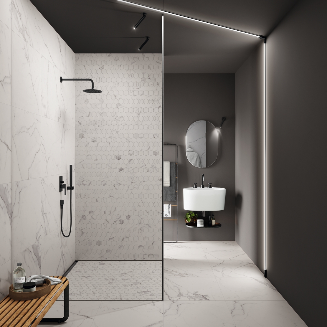 Bagno di lusso stile industriale con doccia. Minimalista effetto marmo bianco - Ambienti Iperceramica