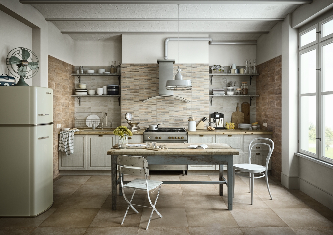 Kleine lineare Vintage-Küche: Stein- und Betonoptik für einen rustikalen Stil - Inspirationen Iperceramica