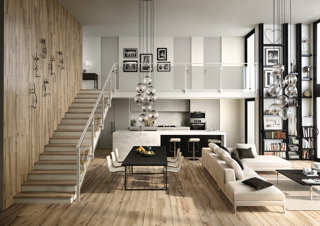 Elegantes offenes Wohnzimmer: Fliesen in Holzoptik Natur - Inspirationen Iperceramica