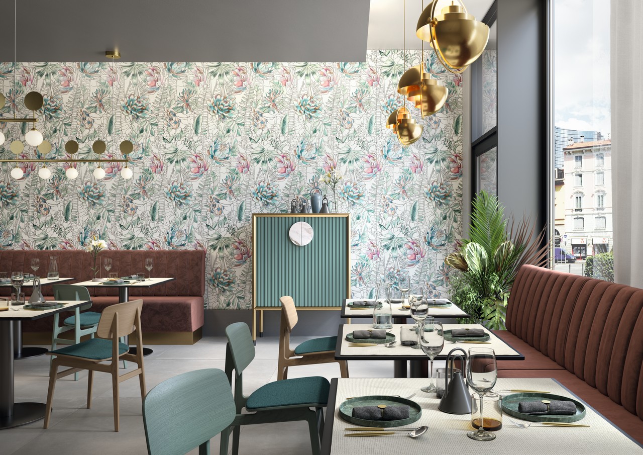 Modernes Restaurant-Café mit Verkleidung in Tapetenoptik - Inspirationen Iperceramica