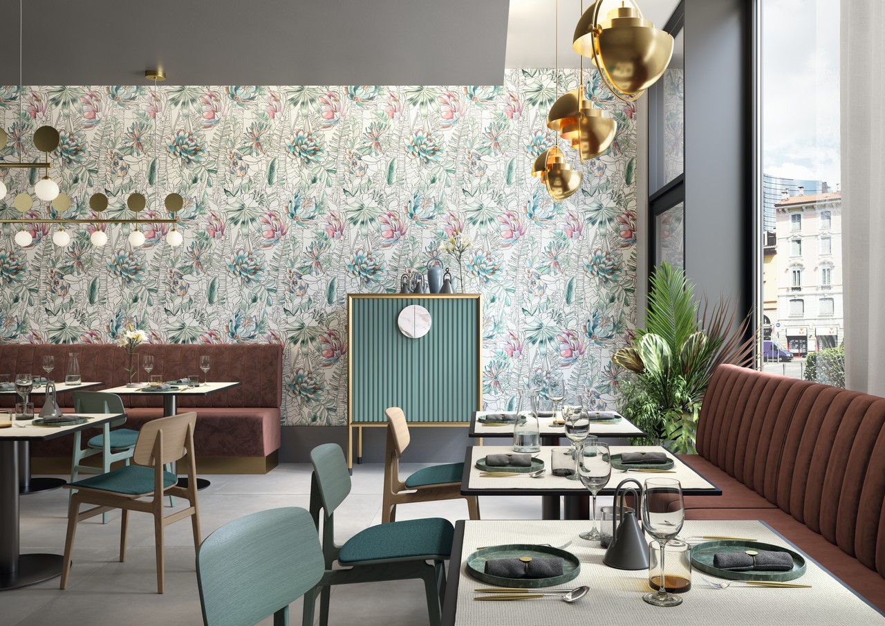 Ristorante-bar moderno con rivestimento effetto carta da parati - Ambienti Iperceramica