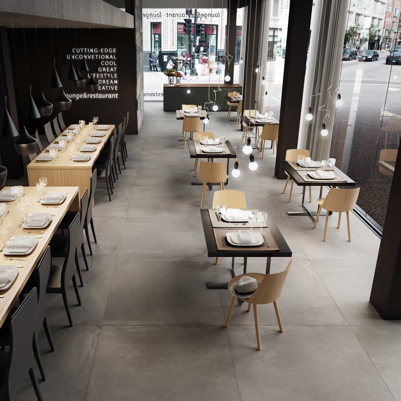 Terrasse de bar-restaurant moderne avec sol imitation béton pour une touche industrielle. - Inspirations Iperceramica