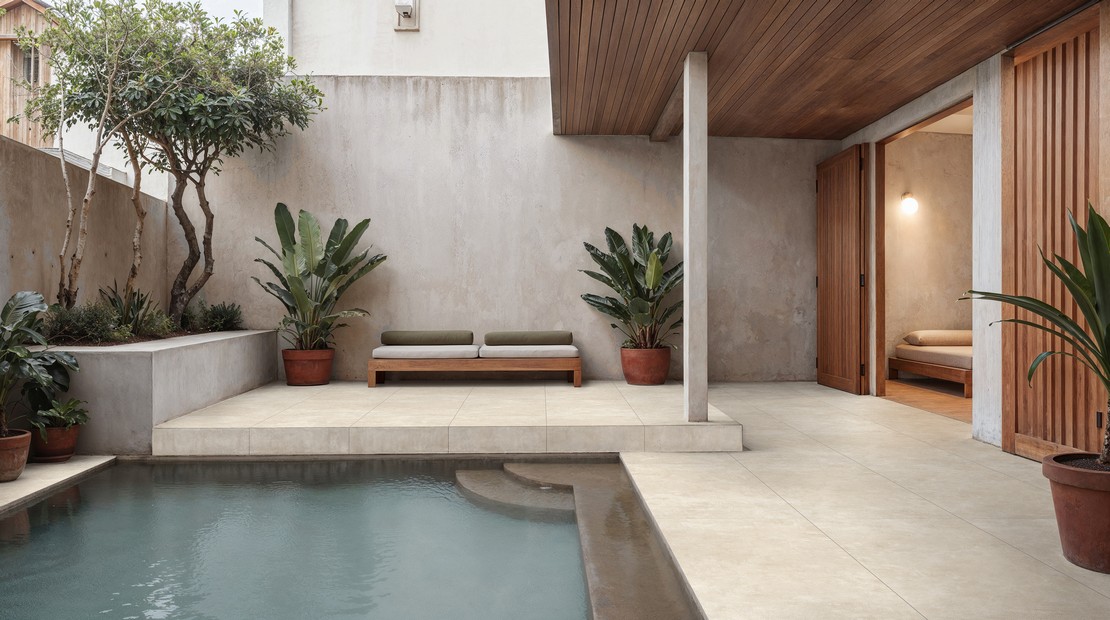 Extérieur moderne avec portique et piscine en grès cérame épais effet béton beige - Inspirations Iperceramica