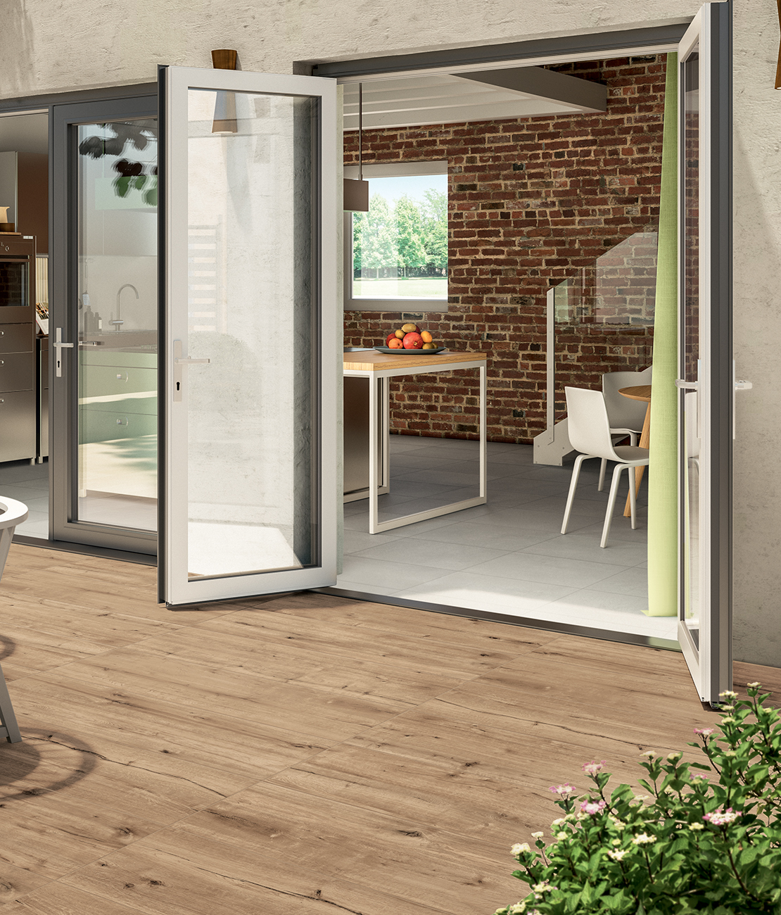 Modern patio, natural wood-effect porcelain tile flooring