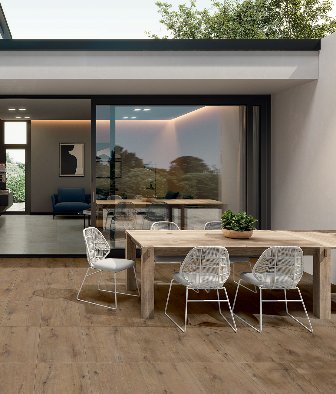 Modern patio, white tones and rustic wood-effect flooring