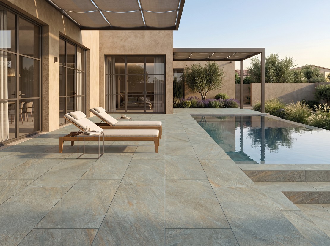 Extérieur moderne avec piscine en grès cérame épais effet pierre gris - Inspirations Iperceramica