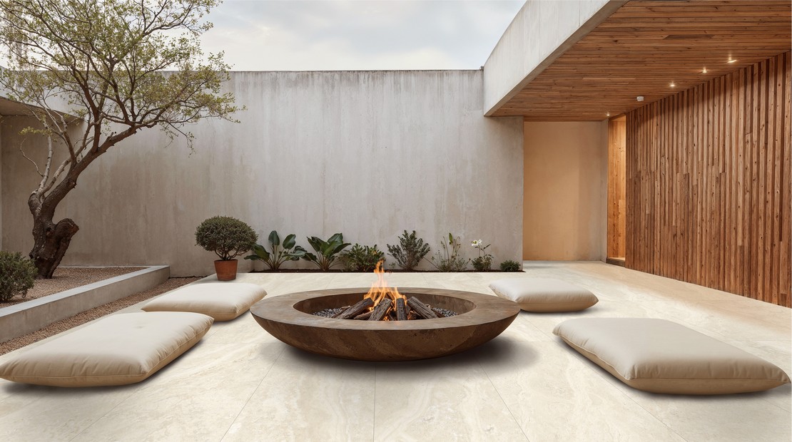 Extérieur moderne de luxe avec terrasse en grès cérame épais effet travertin beige - Inspirations Iperceramica