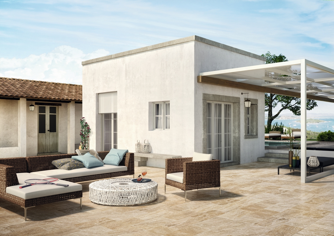 Terrasse couverte moderne, sol effet pierre beige. - Inspirations Iperceramica