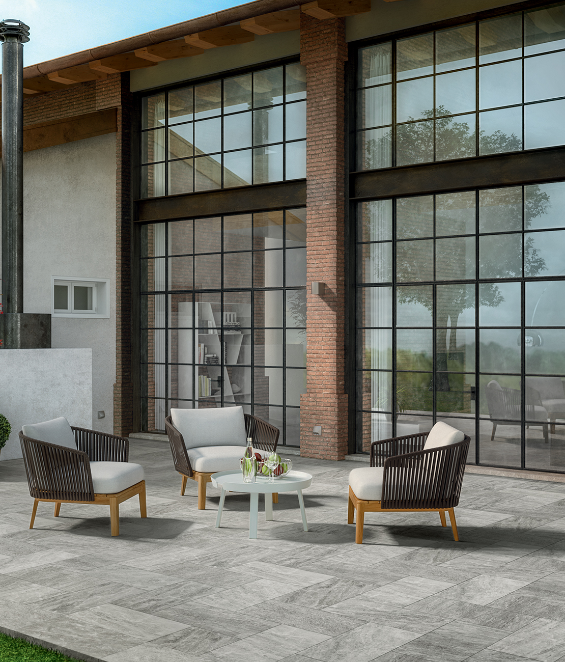Moderne Terrasse, Feinsteinzeugboden mit Quarzit-Optik in Grautönen - Inspirationen Iperceramica