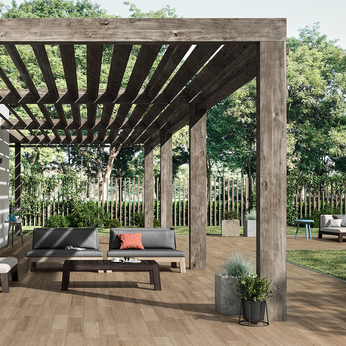 Terrasse couverte rustique, sol en grès cérame effet bois moderne. - Inspirations Iperceramica