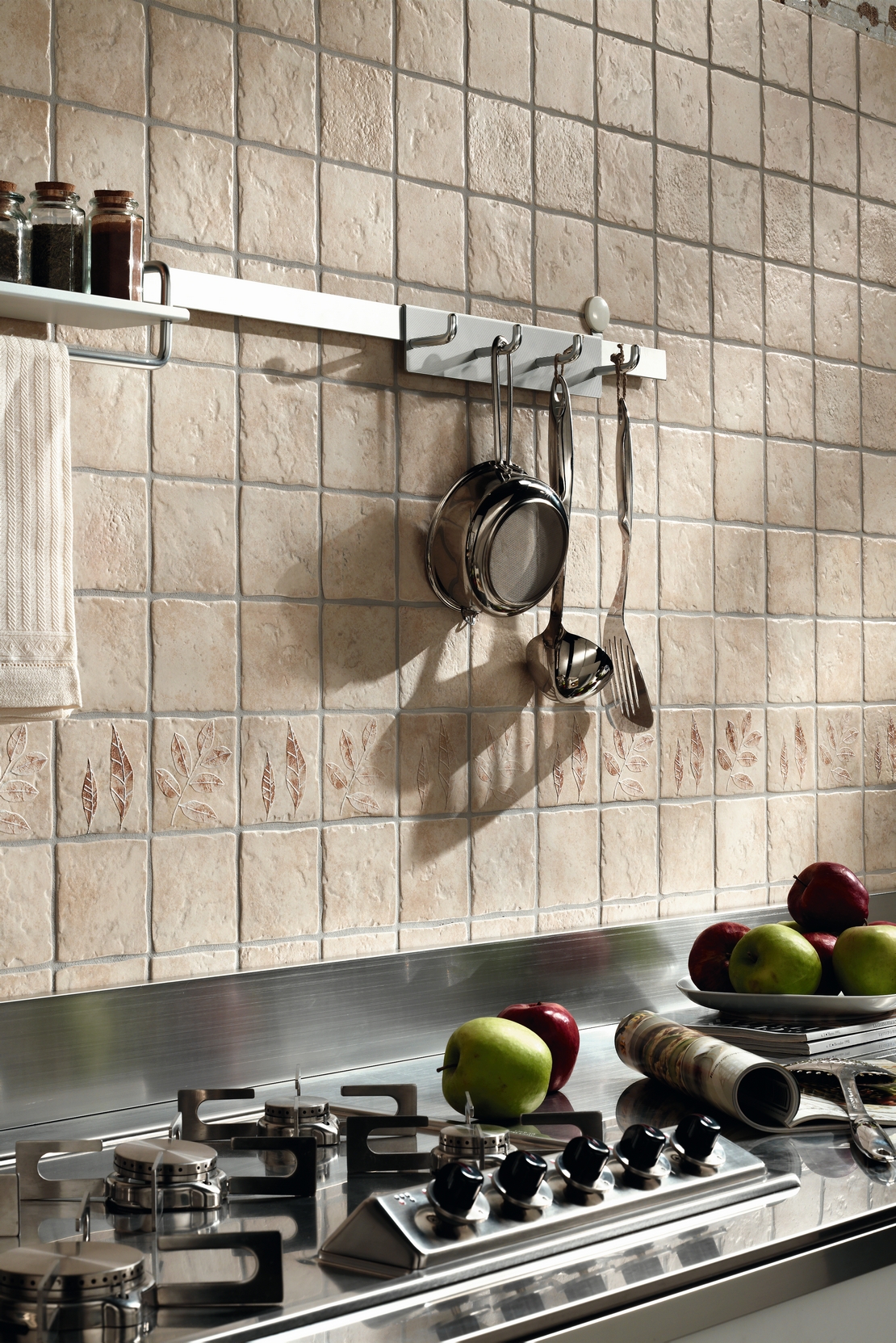 Small, linear kitchen in beige tones in a rustic style