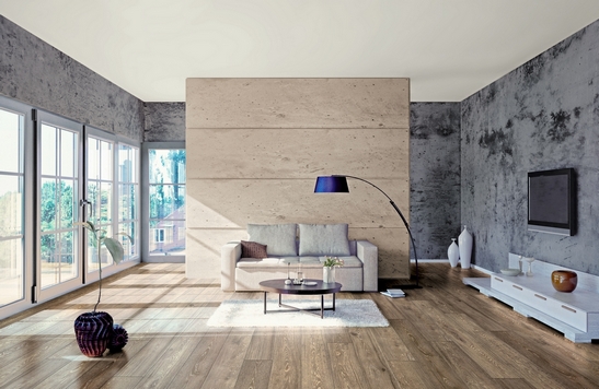 Soggiorno minimale moderno effetto cemento lilla, pavimento laminato effetto legno naturale
