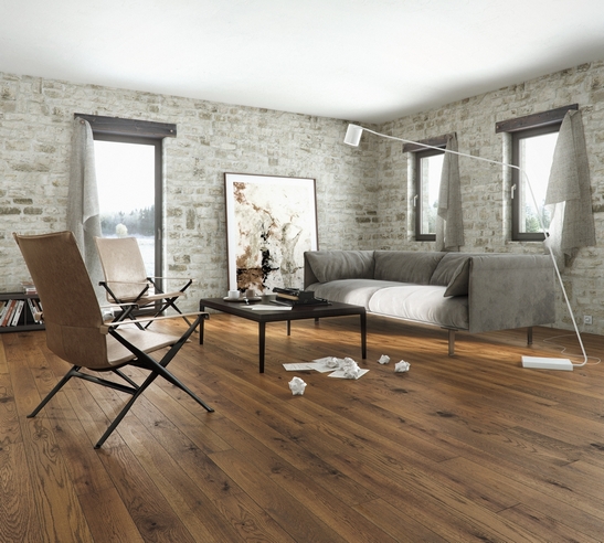 Classic living room: gray and white tones, elegant dark brushed oak parquet
