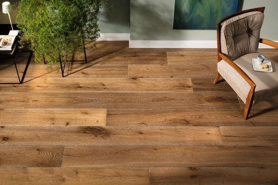 Séjour chic : parquet chêne foncé et tons de vert pour une touche rustique.