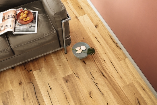 Séjour moderne, sol parquet chêne brossé pour une touche rustique.