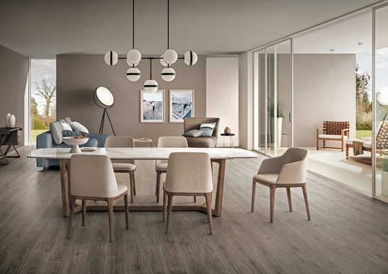 Modern open-plan living room: elegant gray wood-effect laminate flooring