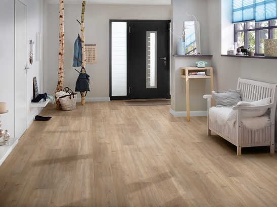 Séjour minimaliste avec sol stratifié effet bois blanc et gris.