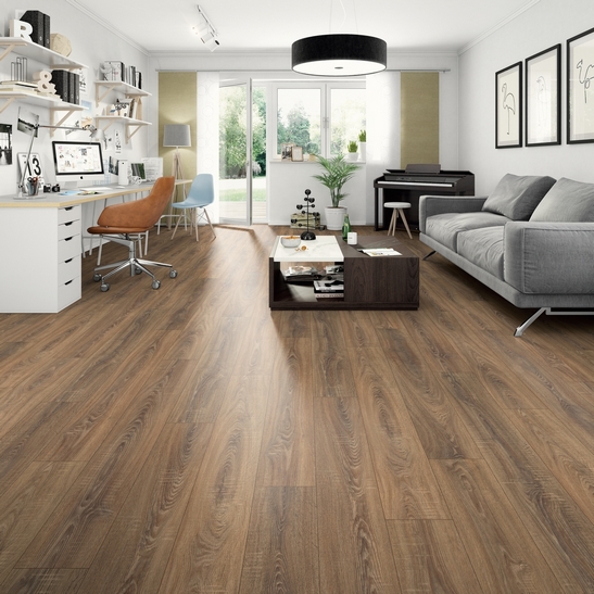 Modernes Wohnzimmer: Dunkler Holzoptik-Boden und Weißtöne für einen rustikalen Touch
