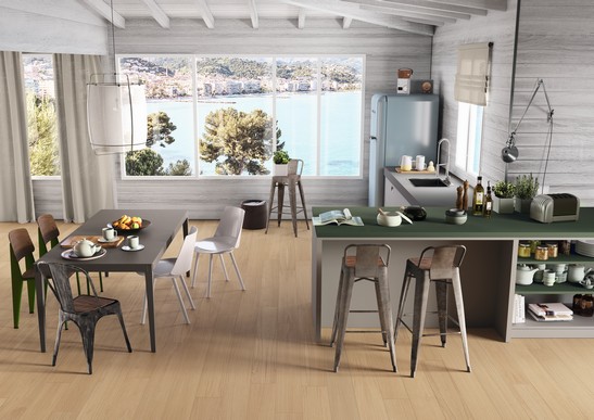 Moderne Küche mit Halbinsel und Boden aus Holz